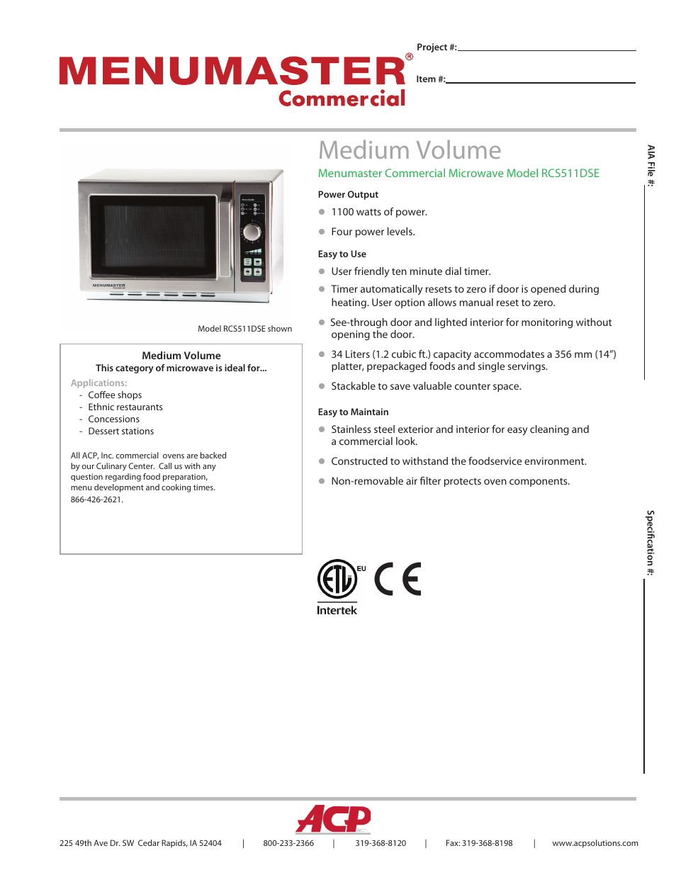 ACP RCS511DSE Spec Sheet User Manual | 2 pages