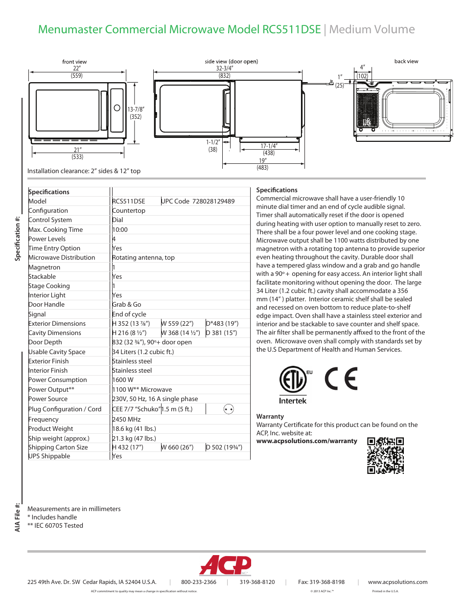 ACP RCS511DSE Spec Sheet User Manual | Page 2 / 2