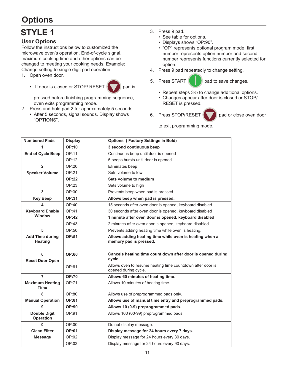 Style 1 options, User options | ACP HDC182 Owner's Manual User Manual | Page 11 / 19