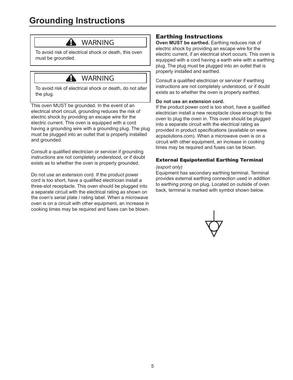 Grounding instructions, Warning | ACP HDC182 Owner's Manual User Manual | Page 5 / 19