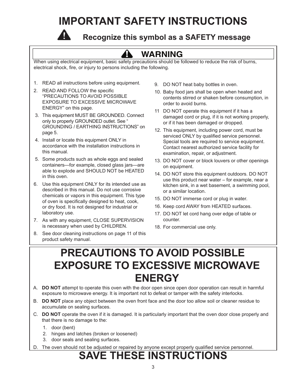 Save these instructions, Important safety instructions, Warning | Recognize this symbol as a safety message | ACP MOC5241 Owner's Manual User Manual | Page 3 / 12