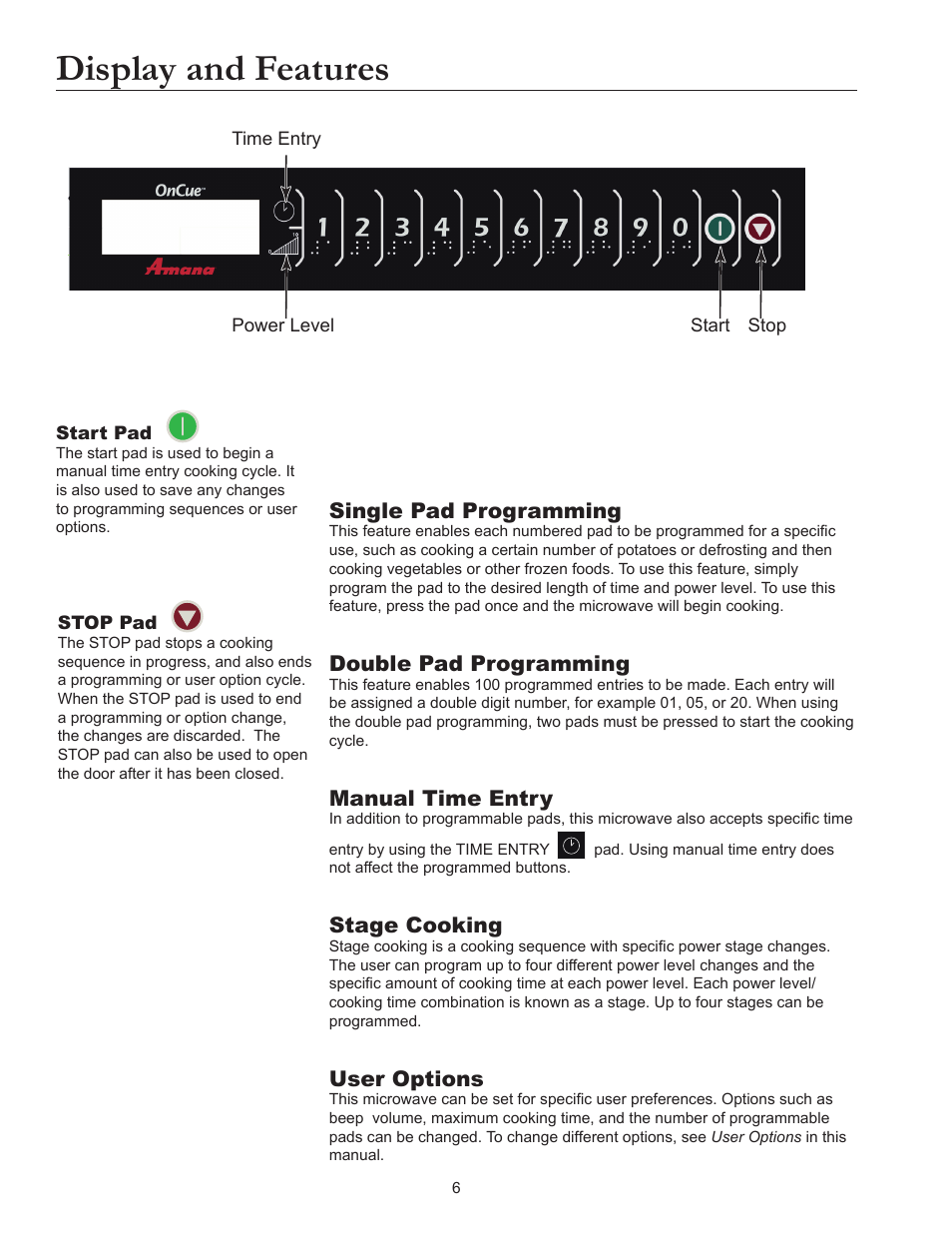 Display and features, Single pad programming, Double pad programming | Manual time entry, Stage cooking, User options | ACP MOC5241 Owner's Manual User Manual | Page 6 / 12