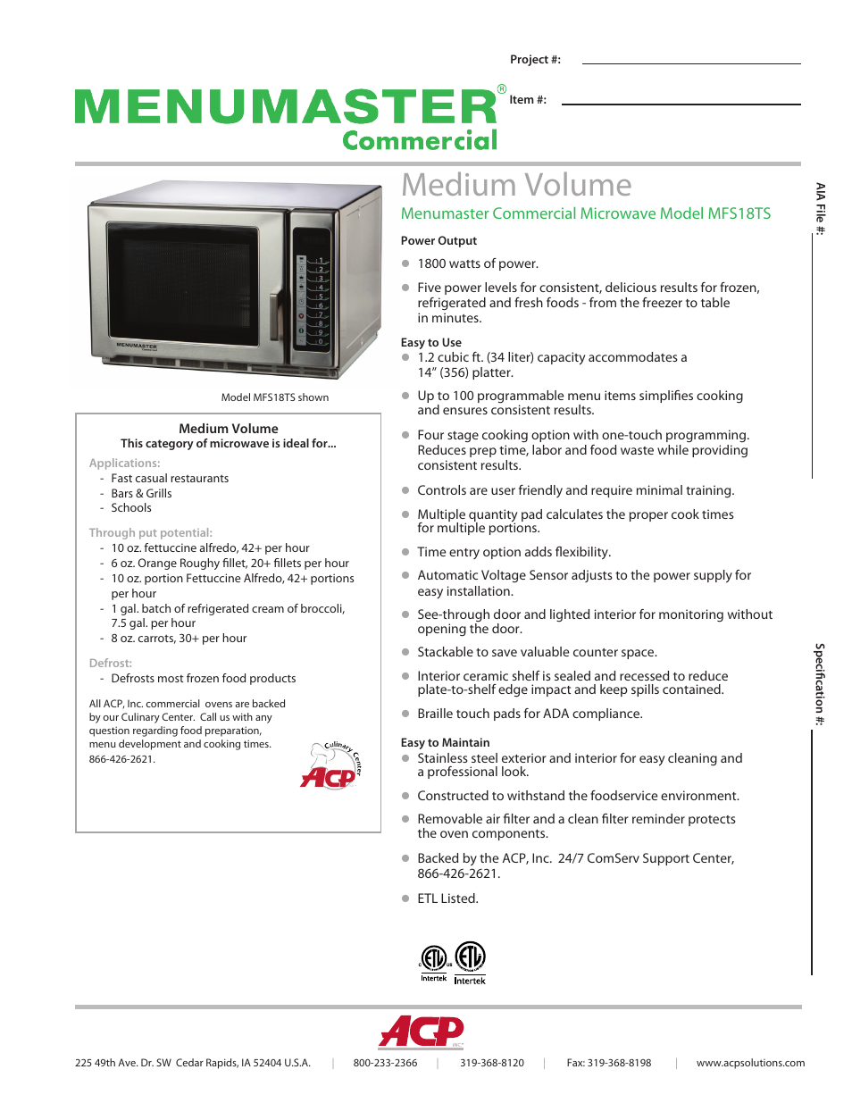 ACP MFS18TS Spec Sheet User Manual | 2 pages