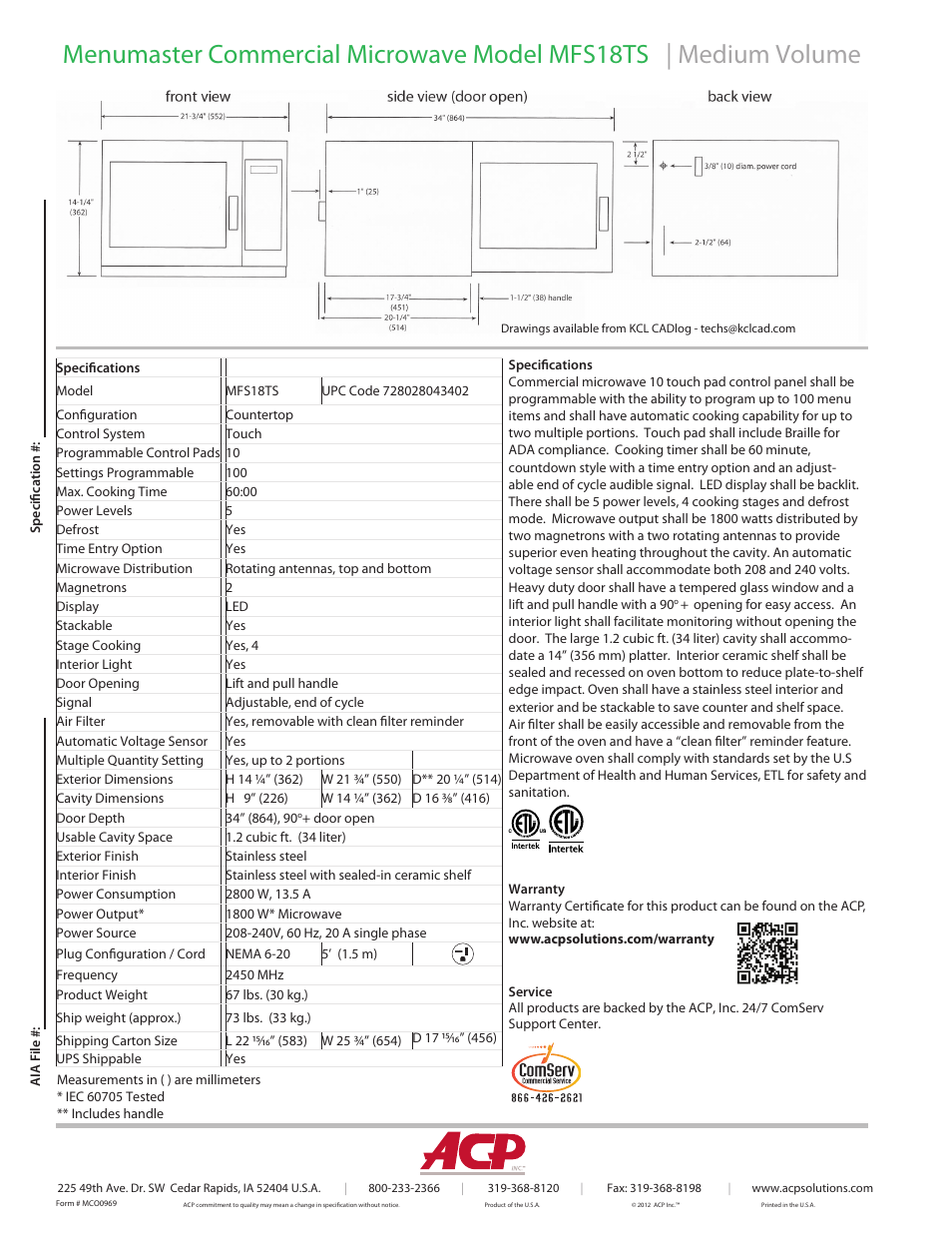 ACP MFS18TS Spec Sheet User Manual | Page 2 / 2