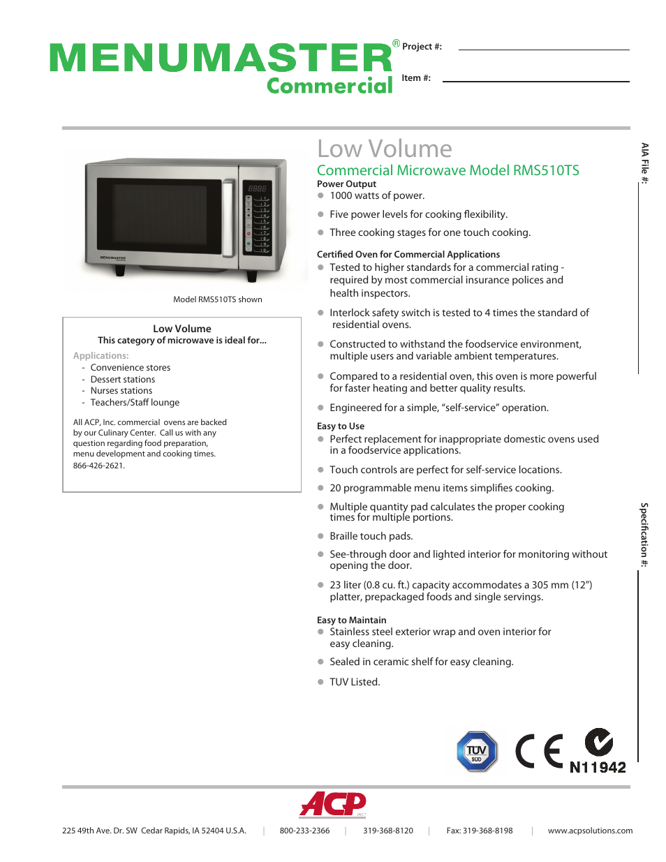 ACP RMS510TS Spec Sheet User Manual | 2 pages