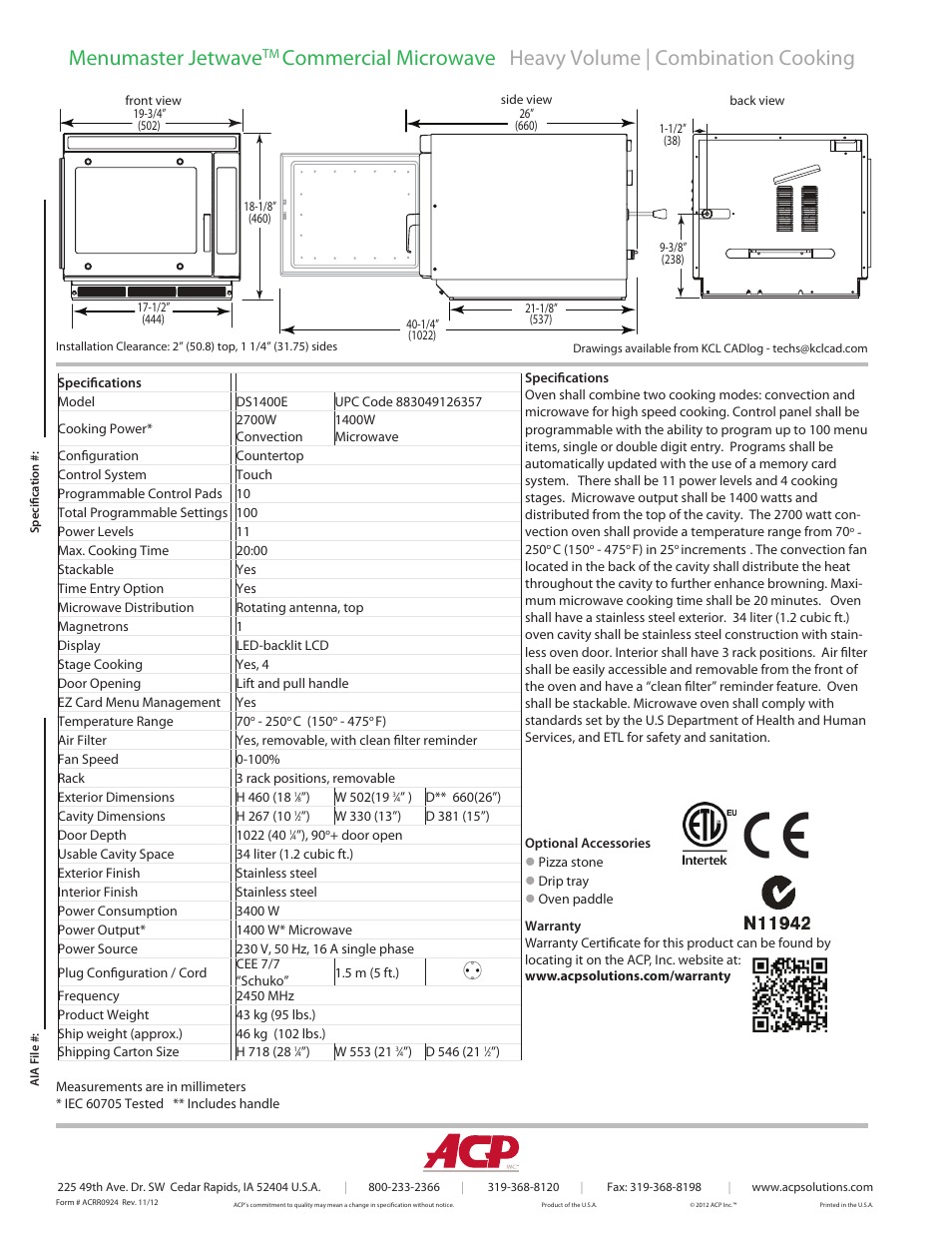 Menumaster jetwave | ACP DS1400E Spec Sheet User Manual | Page 2 / 2