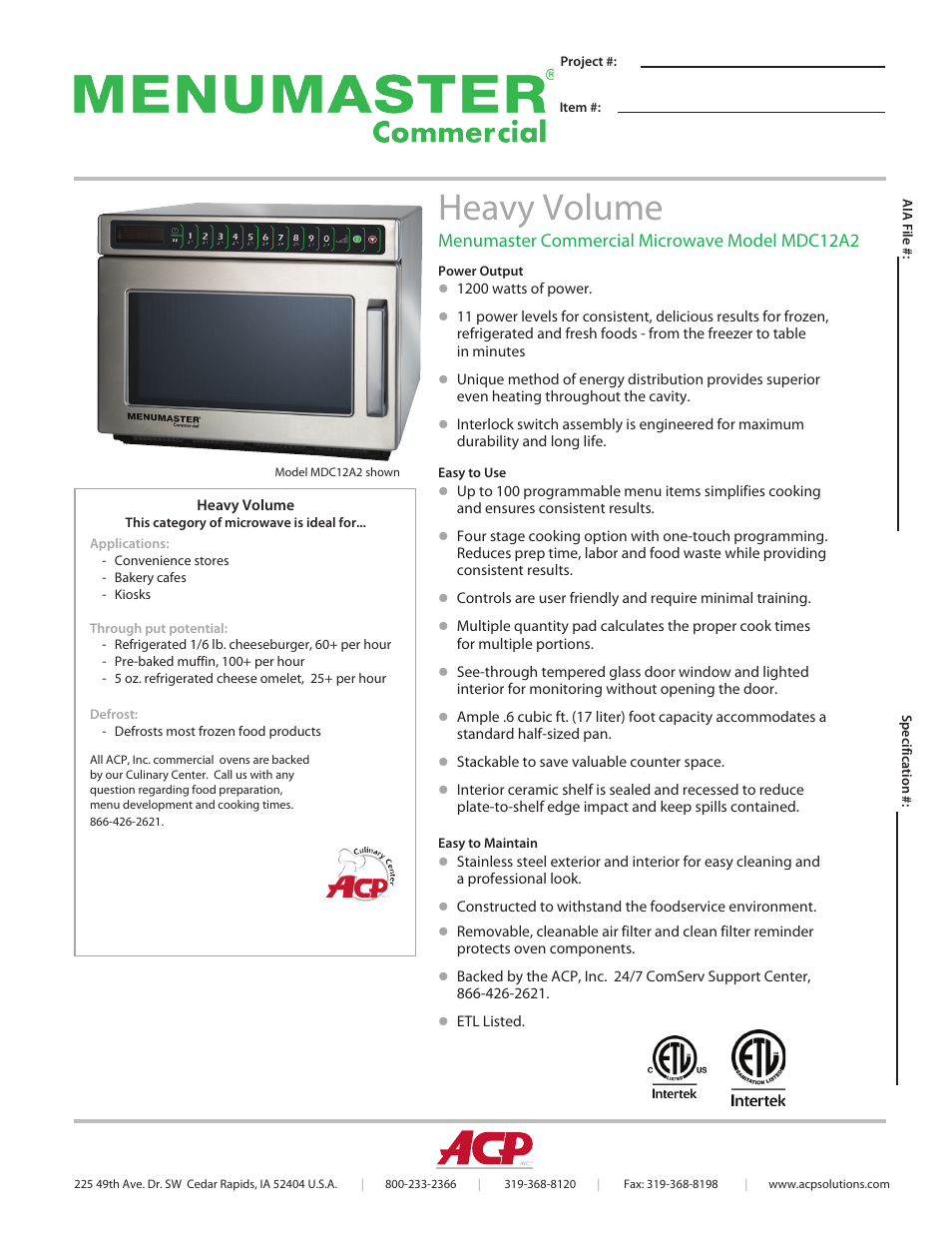 ACP MDC12A2 Spec Sheet User Manual | 2 pages