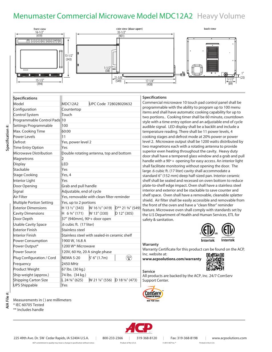 ACP MDC12A2 Spec Sheet User Manual | Page 2 / 2