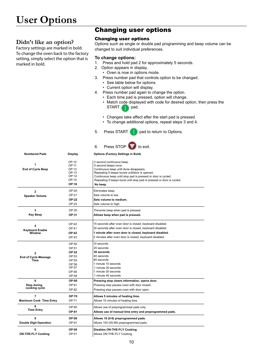 User options, Changing user options, Didn’t like an option | ACP MOC24 Owner's Manual User Manual | Page 10 / 12