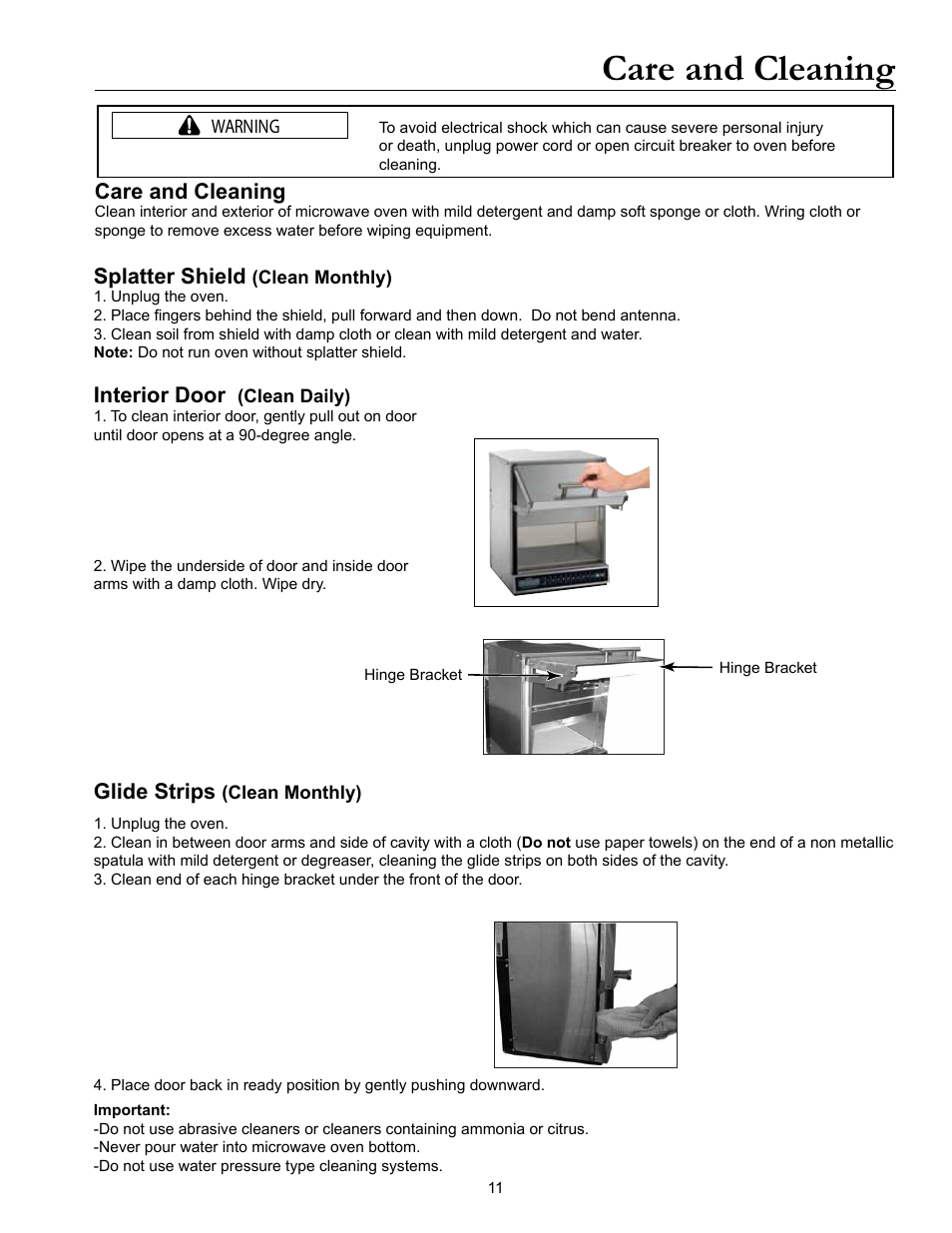 Care and cleaning, Splatter shield, Interior door | Glide strips | ACP MOC24 Owner's Manual User Manual | Page 11 / 12