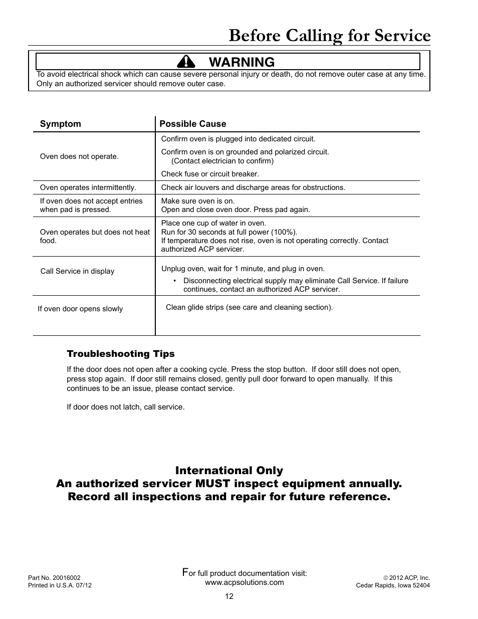Before calling for service, Warning | ACP MOC24 Owner's Manual User Manual | Page 12 / 12
