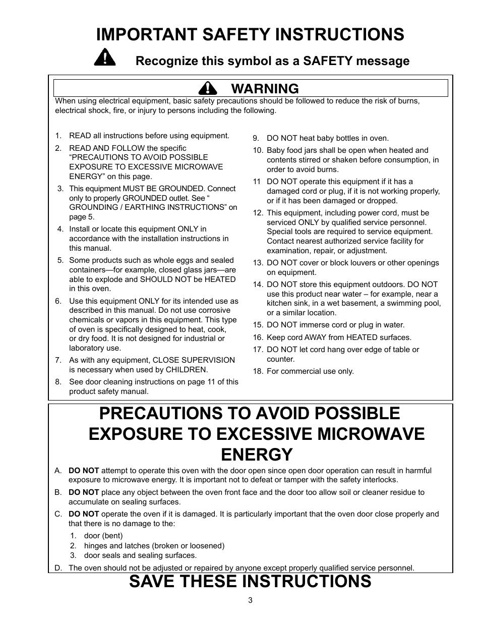 Save these instructions, Important safety instructions, Warning | Recognize this symbol as a safety message | ACP MOC24 Owner's Manual User Manual | Page 3 / 12