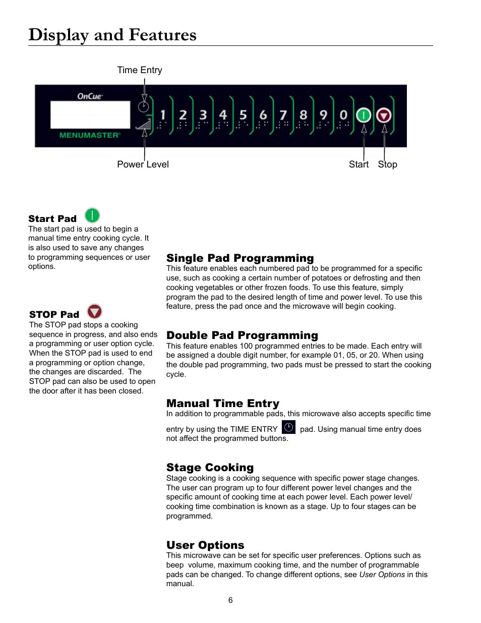 Display and features, Single pad programming, Double pad programming | Manual time entry, Stage cooking, User options | ACP MOC24 Owner's Manual User Manual | Page 6 / 12