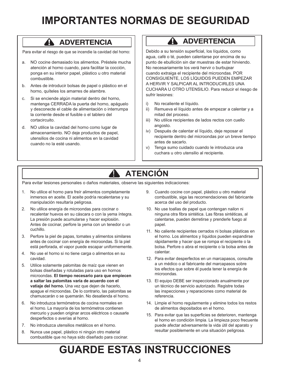 Guarde estas instrucciones, Importantes normas de seguridad, Atención | Advertencia | ACP RCS10DSE Owner's Manual User Manual | Page 20 / 61