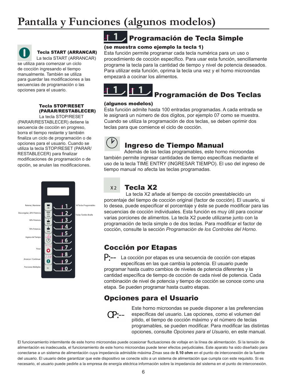 Pantalla y funciones (algunos modelos), Programación de tecla simple, Programación de dos teclas | Ingreso de tiempo manual, Tecla x2, Cocción por etapas, Opciones para el usuario | ACP RCS10DSE Owner's Manual User Manual | Page 22 / 61