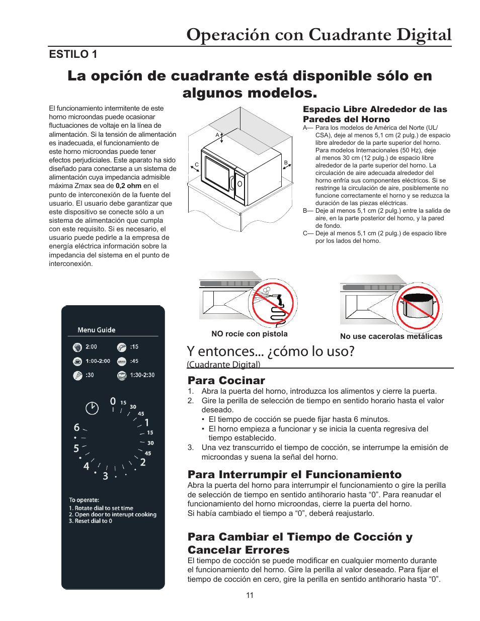 Operación con cuadrante digital, Y entonces... ¿cómo lo uso, Para cocinar | Para interrumpir el funcionamiento, Estilo 1 | ACP RCS10DSE Owner's Manual User Manual | Page 27 / 61