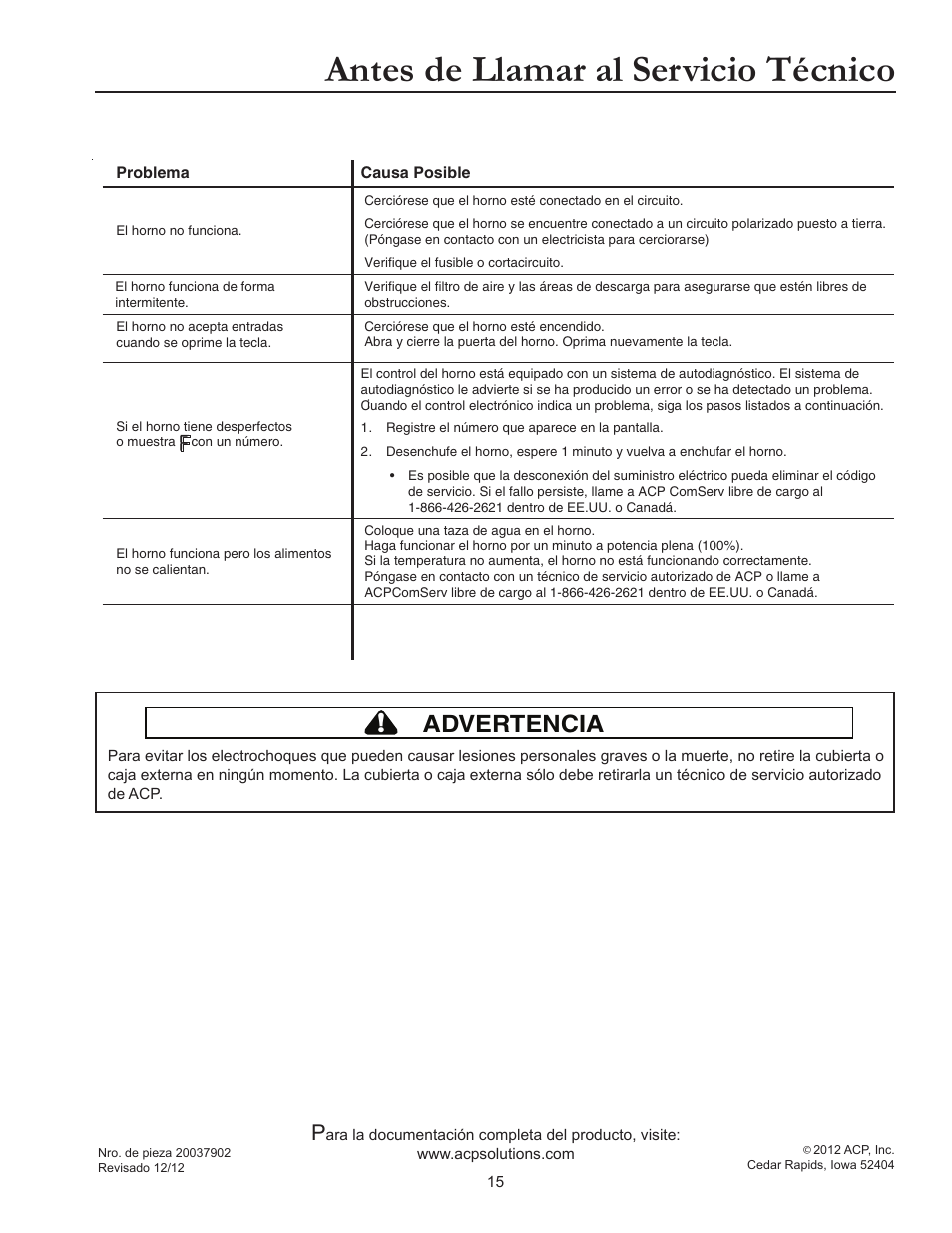 Antes de llamar al servicio técnico, Advertencia | ACP RCS10DSE Owner's Manual User Manual | Page 31 / 61