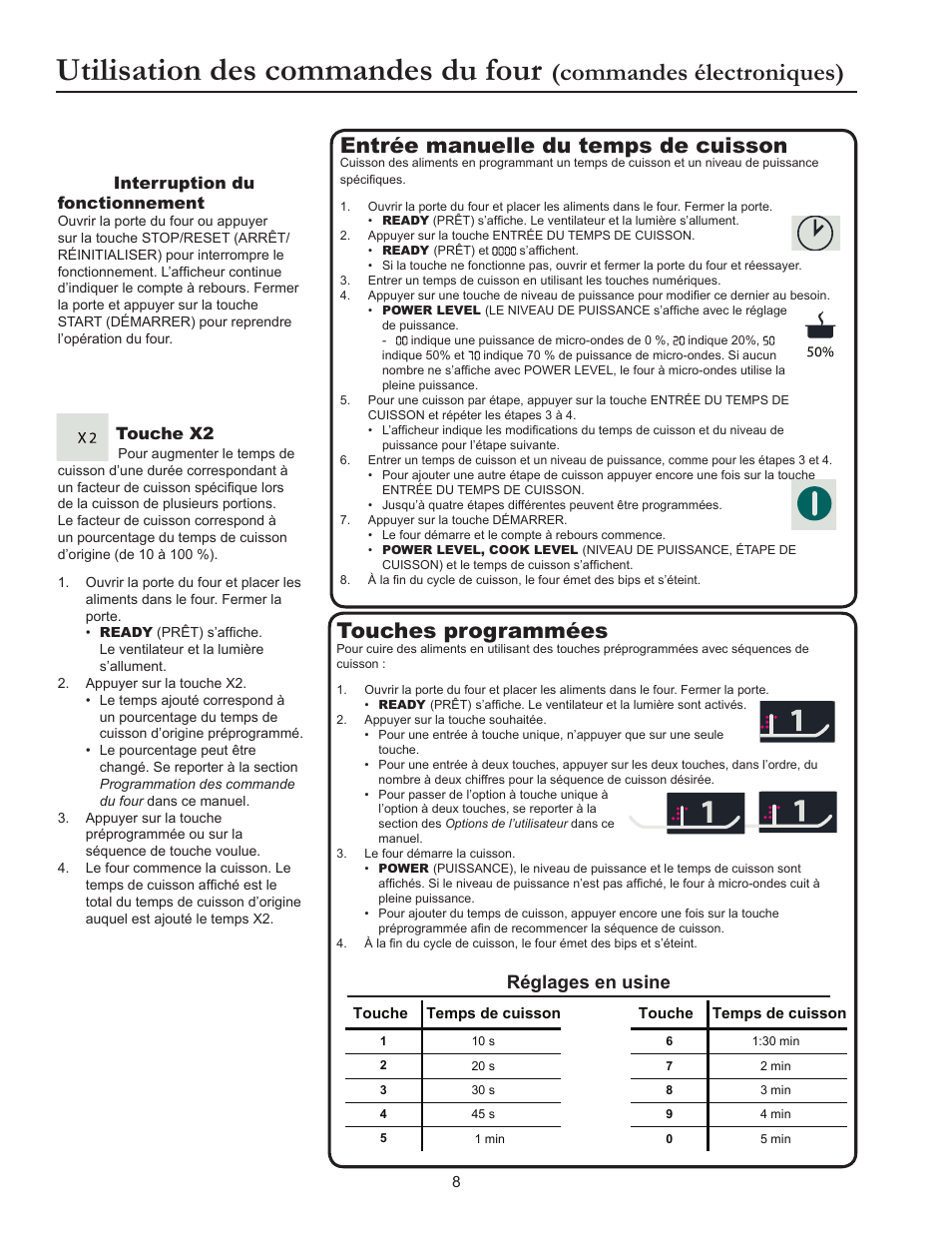 Utilisation des commandes du four, Commandes électroniques), Entrée manuelle du temps de cuisson | Touches programmées, Réglages en usine | ACP RCS10DSE Owner's Manual User Manual | Page 39 / 61