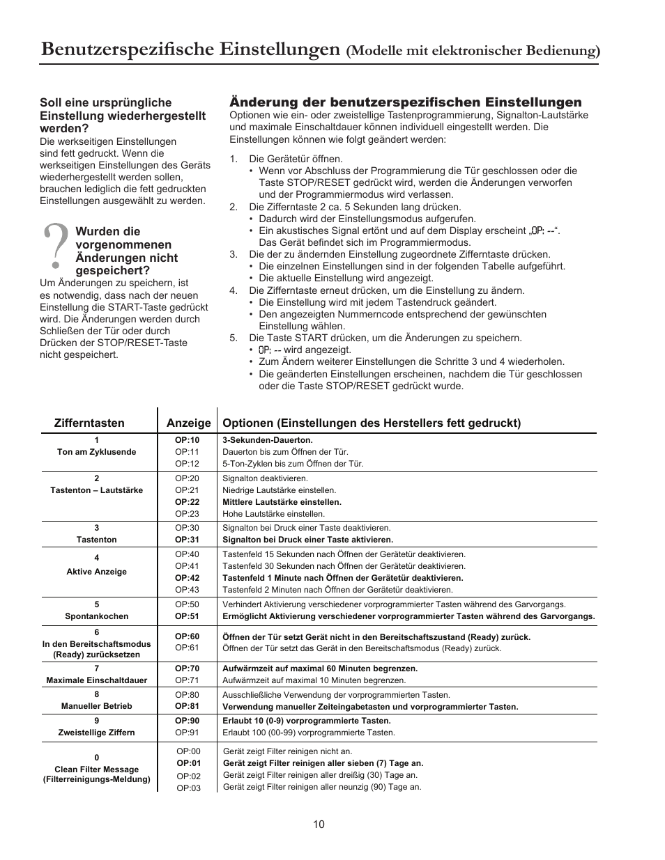 Benutzerspezifische einstellungen, Modelle mit elektronischer bedienung), Änderung der benutzerspezifischen einstellungen | ACP RCS10DSE Owner's Manual User Manual | Page 56 / 61