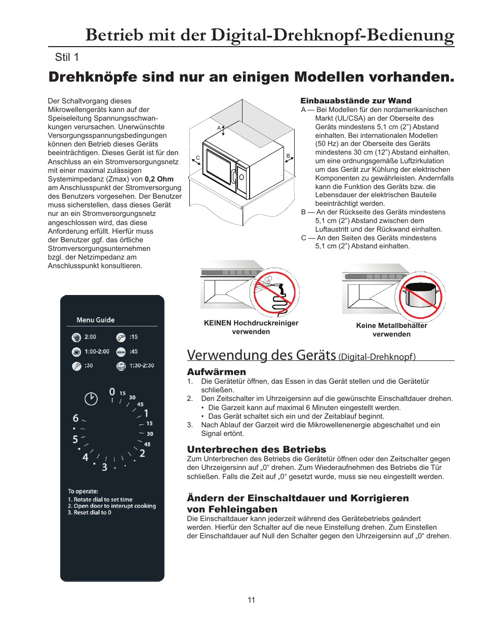Betrieb mit der digital-drehknopf-bedienung, Benutzerspezifische einstellungen, Verwendung des geräts | Drehknöpfe sind nur an einigen modellen vorhanden, Modelle mit elektronischer bedienung), Stil 1 | ACP RCS10DSE Owner's Manual User Manual | Page 57 / 61
