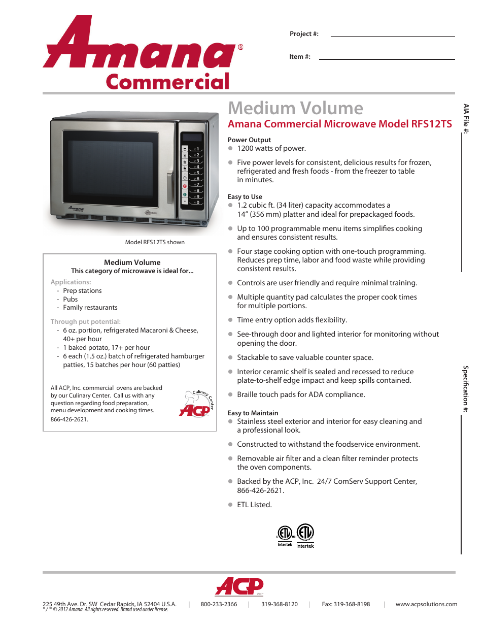 ACP RFS12TS Spec Sheet User Manual | 2 pages