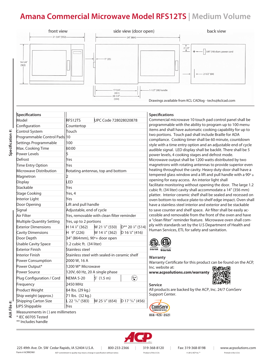 ACP RFS12TS Spec Sheet User Manual | Page 2 / 2