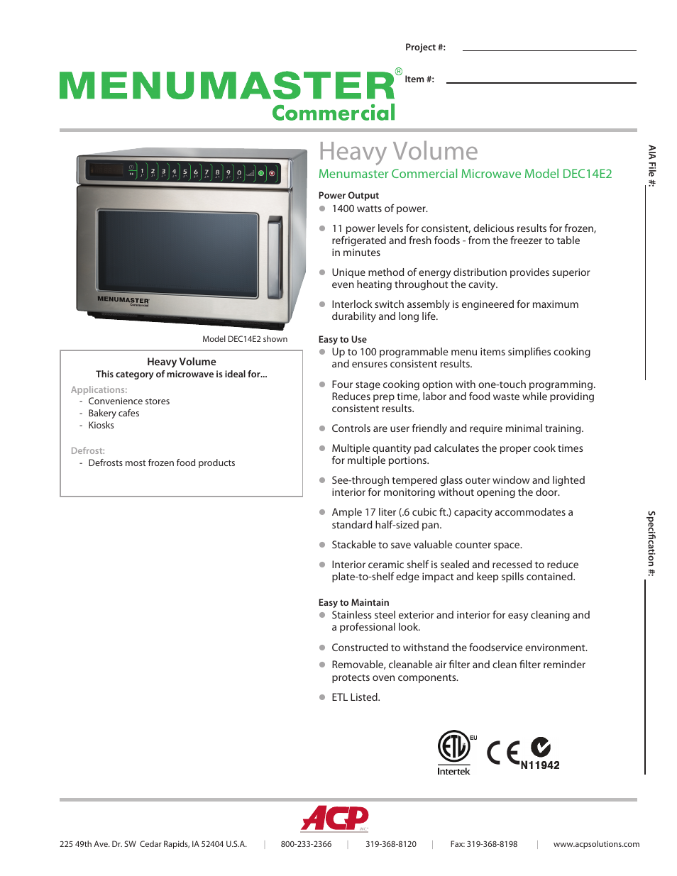 ACP DEC14E2 Spec Sheet User Manual | 2 pages