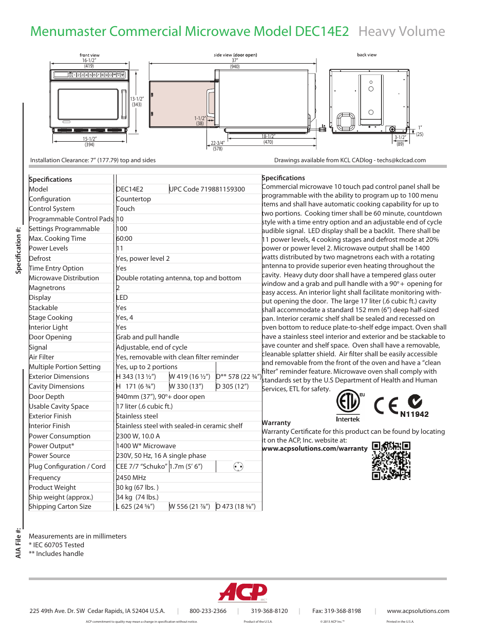 ACP DEC14E2 Spec Sheet User Manual | Page 2 / 2