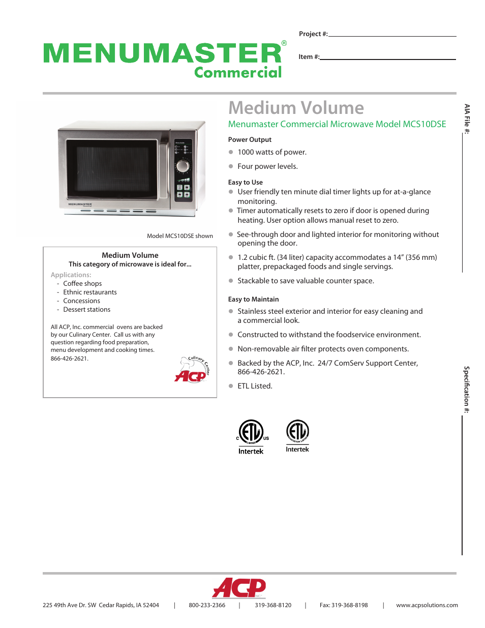 ACP MCS10DSE Spec Sheet User Manual | 2 pages