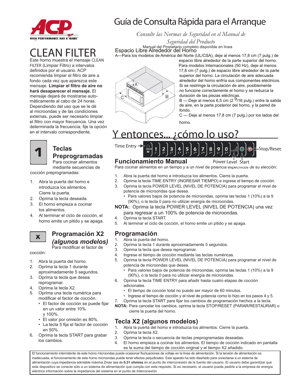 12834405_spa, Clean filter, Y entonces... ¿cómo lo uso | Guía de consulta rápida para el arranque, Funcionamiento manual, Programación, Tecla x2 (algunos modelos), Teclas preprogramadas, Programación x2 (algunos modelos) | ACP MDC12A2 Quick Start Guide User Manual | Page 3 / 10