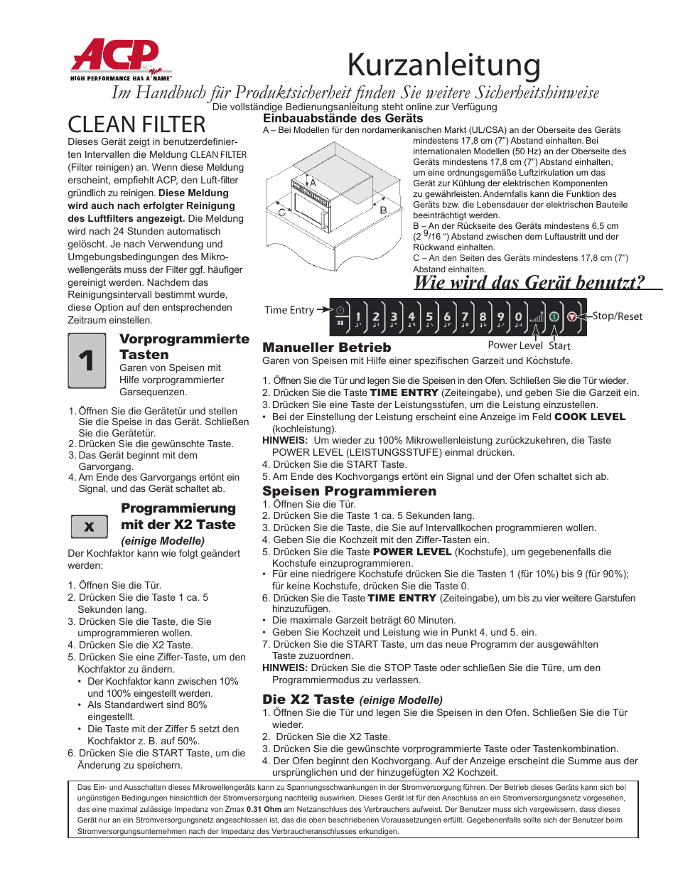 12834405_ger, Kurzanleitung, Clean filter | Wie wird das gerät benutzt, Manueller betrieb, Speisen programmieren, Programmierung mit der x2 taste, Die x2 taste, Vorprogrammierte tasten | ACP MDC12A2 Quick Start Guide User Manual | Page 7 / 10