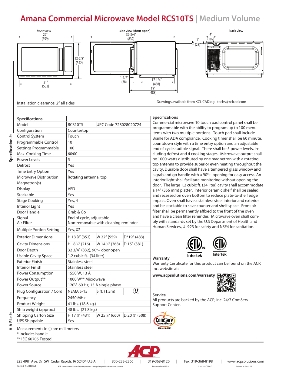 ACP RCS10TS Spec Sheet User Manual | Page 2 / 2