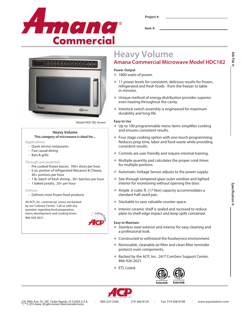 ACP HDC182 Spec Sheet User Manual | 2 pages