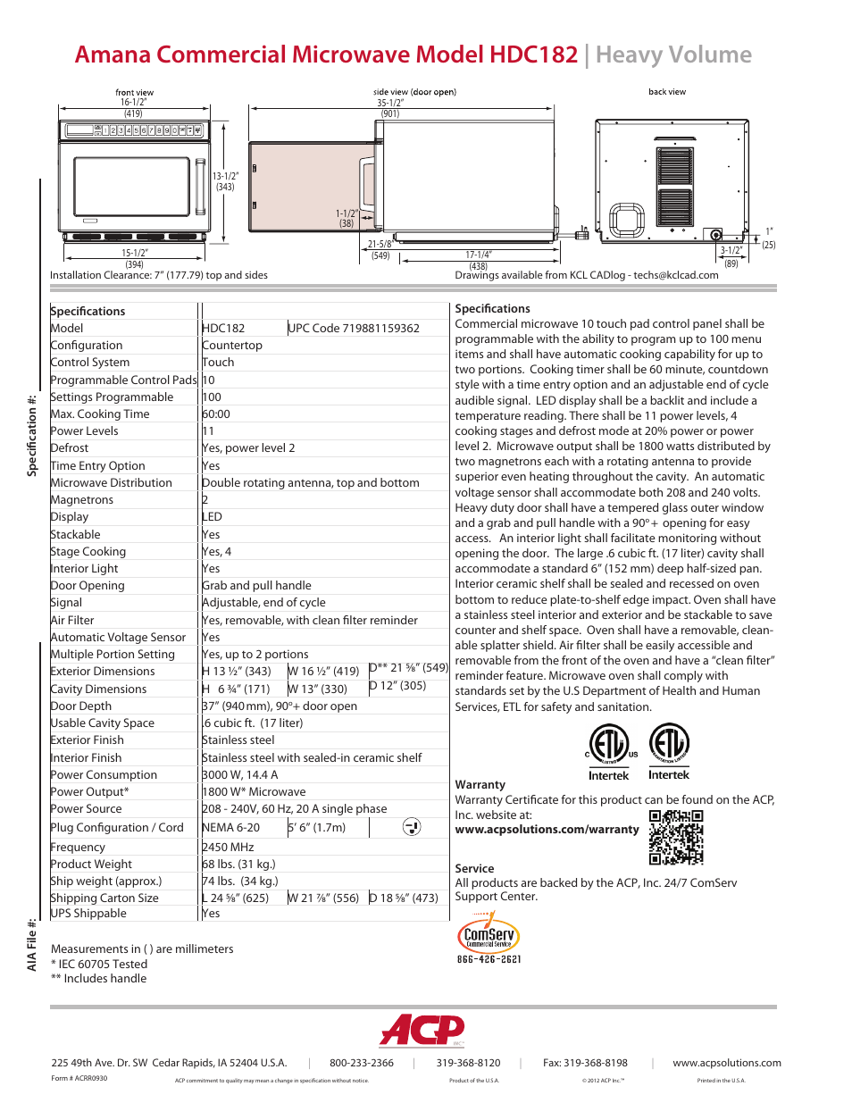ACP HDC182 Spec Sheet User Manual | Page 2 / 2