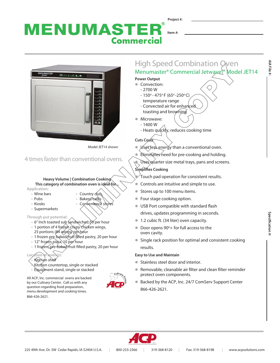 ACP JET14 Spec Sheet User Manual | 2 pages