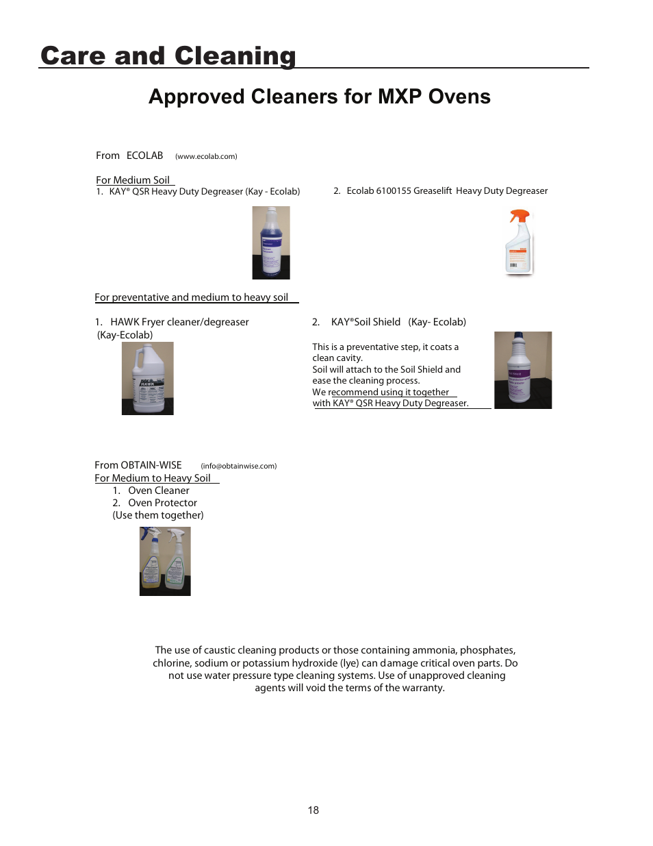 Duh dqg &ohdqlqj, Approved cleaners for mxp ovens | ACP MXP5221 Owner's Manual User Manual | Page 18 / 20