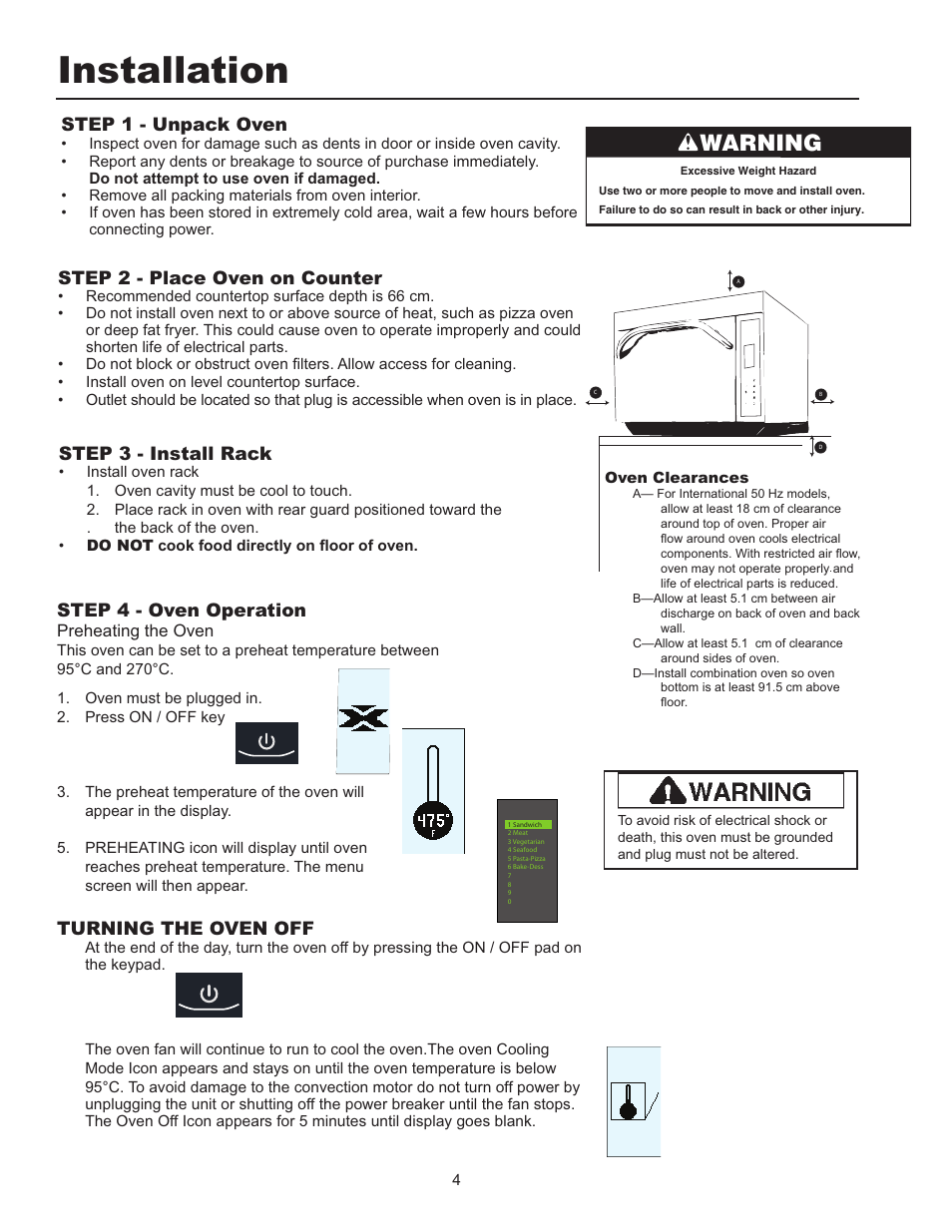 Installation, Warning, 67(3   ,qvwdoo 5dfn | Step 4 - oven operation, Turning the oven off | ACP MXP5221 Owner's Manual User Manual | Page 4 / 20