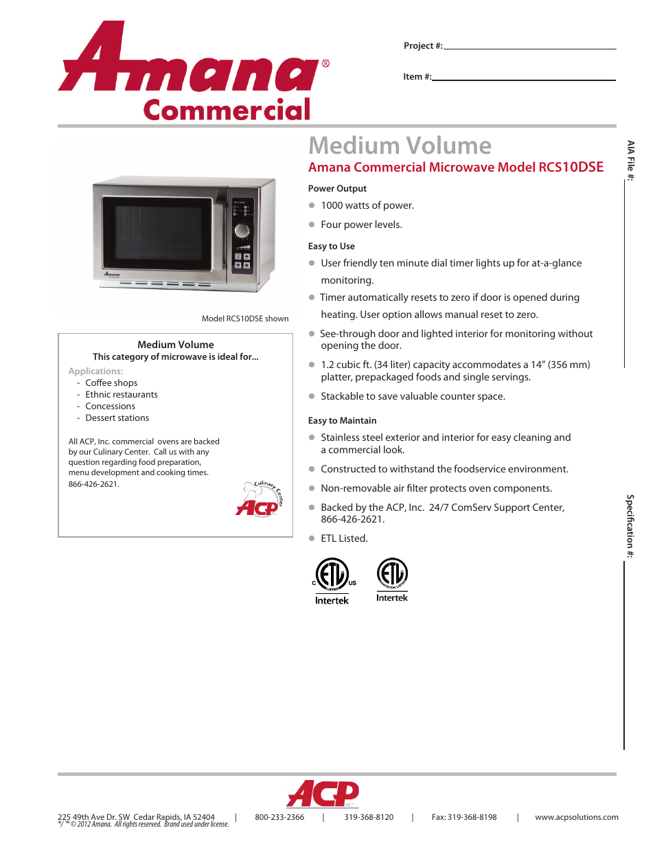 ACP RCS10DSE Spec Sheet User Manual | 2 pages