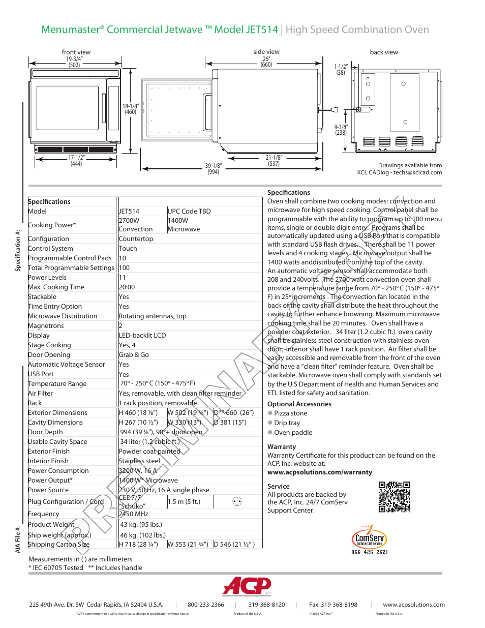 Preliminar y copy | ACP JET514 Spec Sheet User Manual | Page 2 / 2