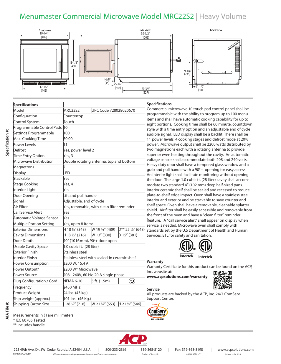 ACP MRC22S2 Spec Sheet User Manual | Page 2 / 2