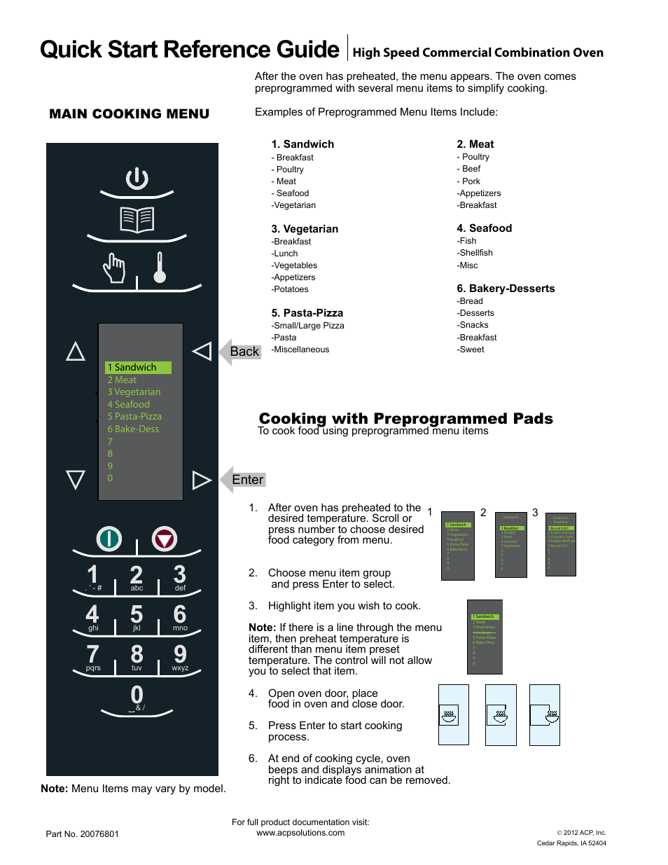 Quick start reference guide, Cooking with preprogrammed pads, Enter | Back | ACP MXP22 Quick Start Guide User Manual | Page 2 / 6