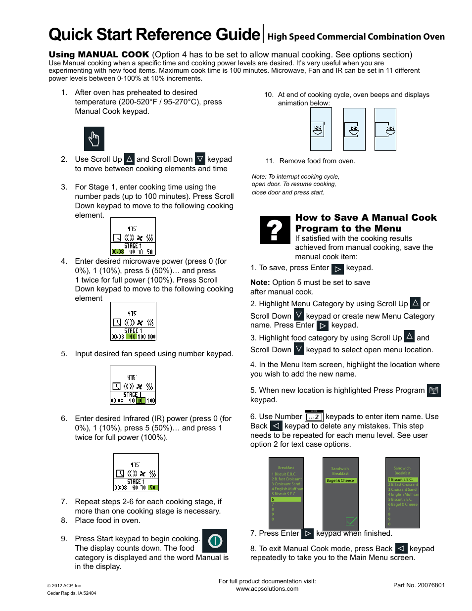 Quick start reference guide, High speed commercial combination oven, How to save a manual cook program to the menu | ACP MXP22 Quick Start Guide User Manual | Page 3 / 6