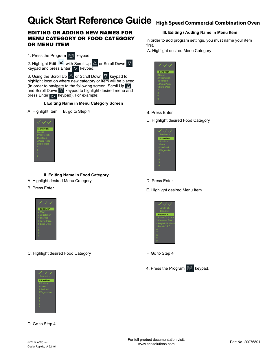 Quick start reference guide, High speed commercial combination oven | ACP MXP22 Quick Start Guide User Manual | Page 5 / 6