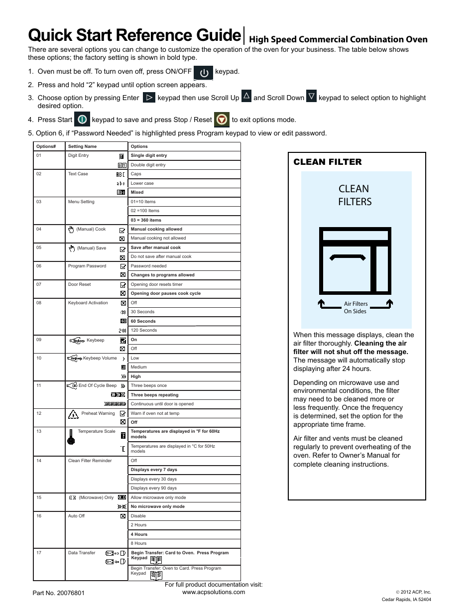 Quick start reference guide, Clean filters, High speed commercial combination oven | Clean filter | ACP MXP22 Quick Start Guide User Manual | Page 6 / 6