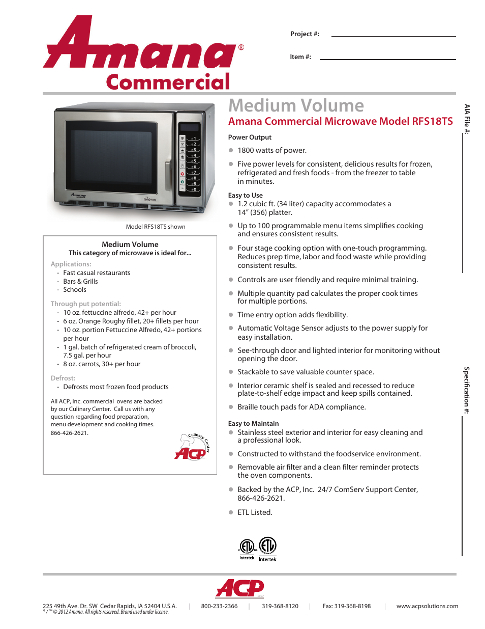 ACP RFS18TS Spec Sheet User Manual | 2 pages