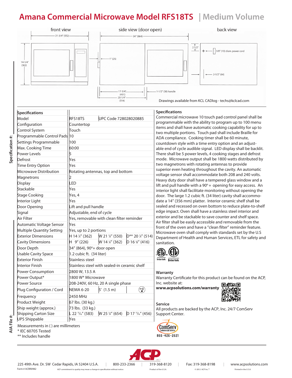 ACP RFS18TS Spec Sheet User Manual | Page 2 / 2