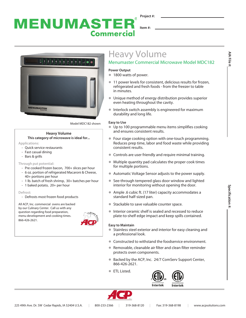 ACP MDC182 Spec Sheet User Manual | 2 pages