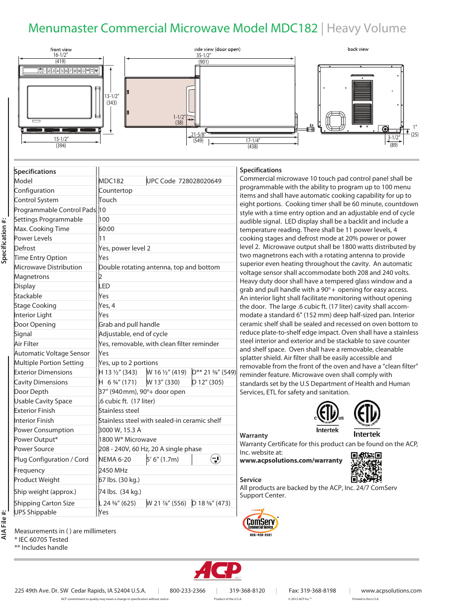 ACP MDC182 Spec Sheet User Manual | Page 2 / 2