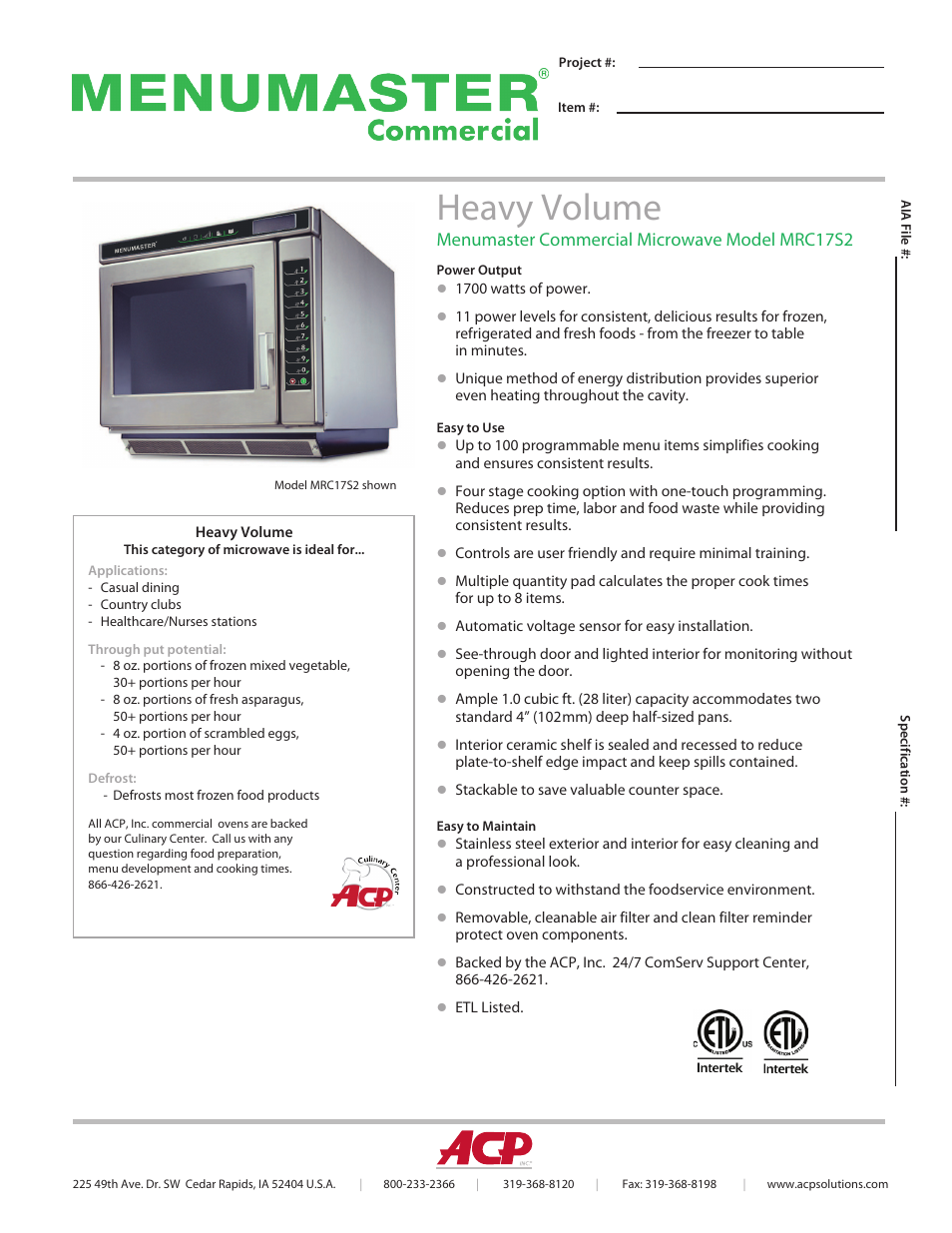 ACP MRC17S2 Spec Sheet User Manual | 2 pages