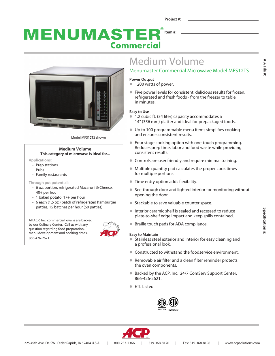 ACP MFS12TS Spec Sheet User Manual | 2 pages